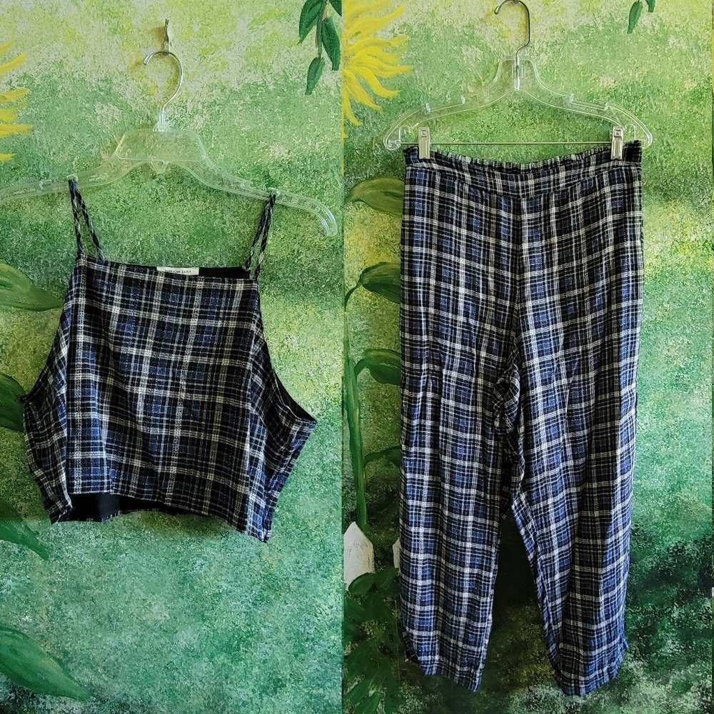 American Eagle Blue Plaid Matching Pant Shirt Set